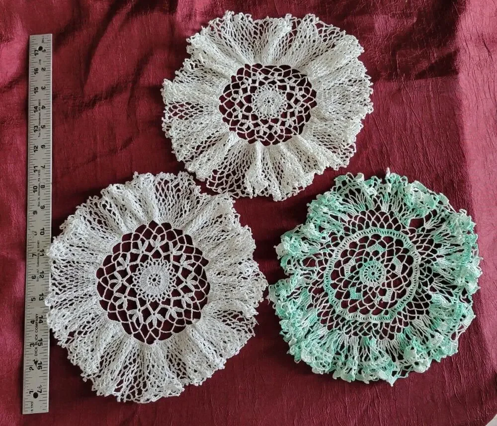 LOT OF 3 - 10 IN HANDMADE, ROUND RUFFLED DOILIES